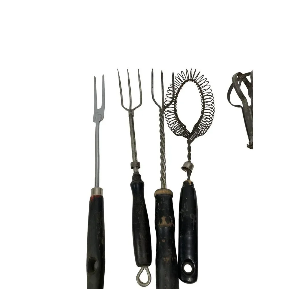 Lot of 9 Vintage Black Kitchen Utensils Forks Beater Masher Peeler‎ Handle Rusty